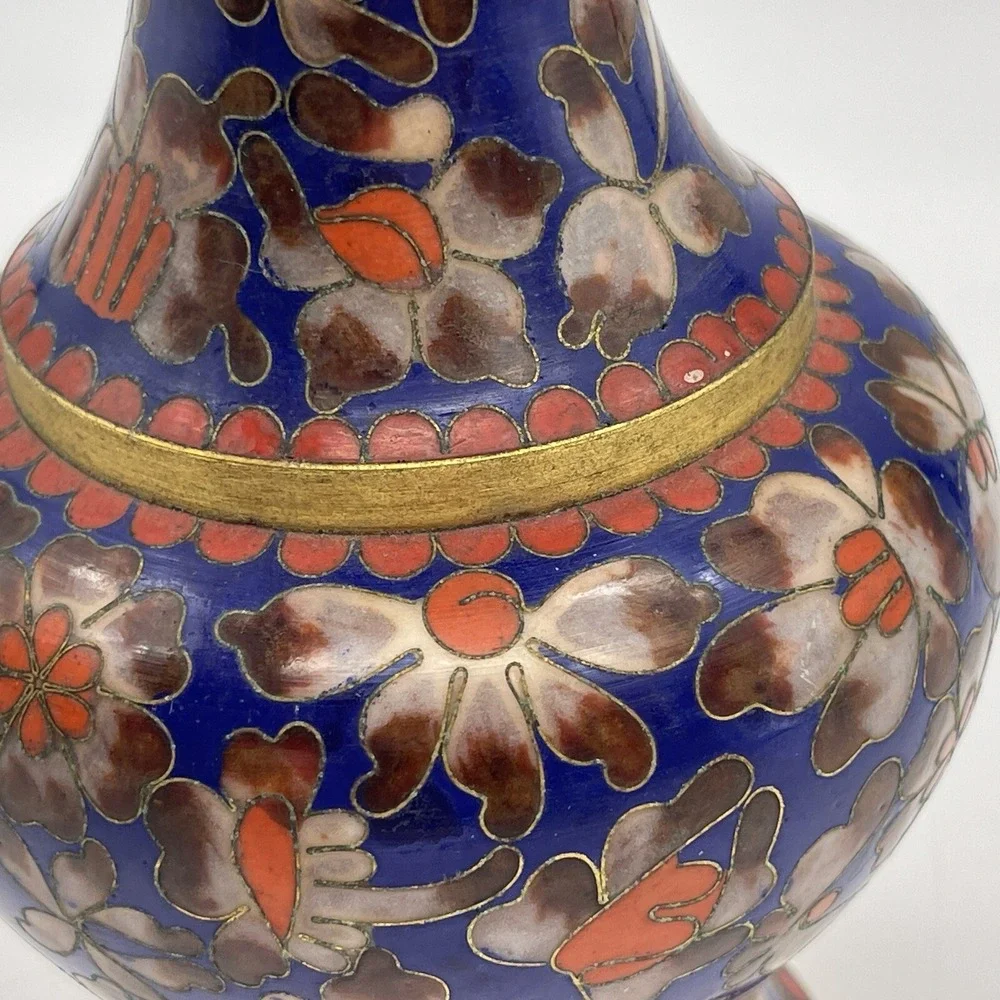 Cloisonné Vase Enameled Blue Orange Floral 8